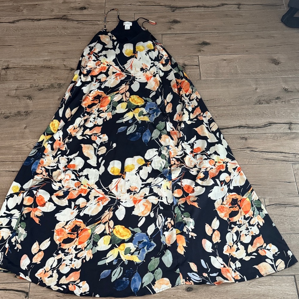 Nicole Miller Maxi Satin Dress with Multicolor Floral Print